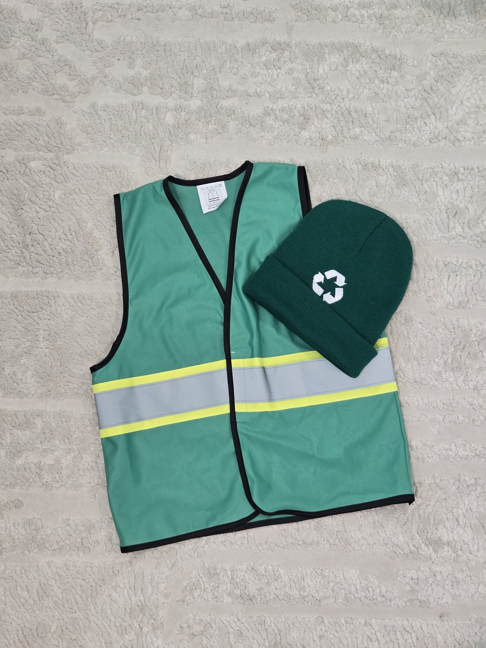 Kids Green Reflective Safety Recycling Vest with Beanie Costume